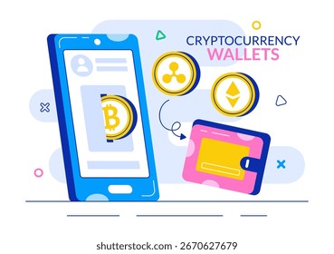 Carteiras de criptomoeda Ilustração de negociação com uma pilha de moedas, carteira de moeda digital, tecnologia de cadeia de blocos e Bitcoin em um fundo