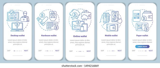 Cryptocurrency wallets types onboarding mobile app page screen with linear concepts. Electronic bitcoin currency transactions walkthrough blue gradient graphic instruction. UX, UI, GUI vector template