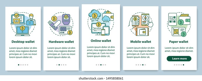 Cryptocurrency wallets types onboarding mobile app page screen with linear concepts. Electronic bitcoin currency transactions walkthrough steps graphic instructions. UX, UI, GUI vector template