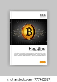 Cryptocurrency web banner with 3d  realistic bitcoin on dark old background with futuristic lines. Vector.
