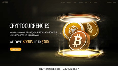 Cryptocurrency web banner with gold 3D coins of Bitcoin, BNB and Ethereum inside gold portal made of digital rings on dark background