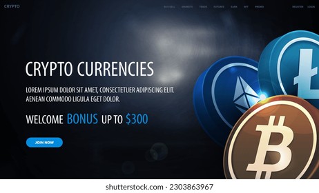Cryptocurrency web banner with offer and 3D cryptocurrency coins on blue background. Bitcoin, Litecoin, Ethereum on blurred scene