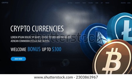 Cryptocurrency web banner with offer and 3D cryptocurrency coins on blue background. Bitcoin, Litecoin, Ethereum on blurred scene