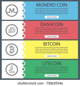 Cryptocurrency web banner templates set. Monero, dashcoin, bitcoin, litecoin. Website menu items with linear icons. Vector headers design concepts