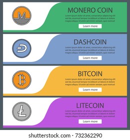 Cryptocurrency web banner templates set. Monero, dashcoin, bitcoin, litecoin.Website color menu items. Vector headers design concepts