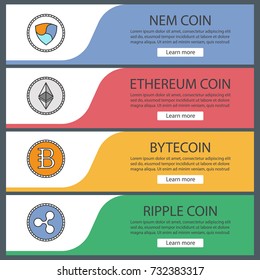 Cryptocurrency web banner templates set. Bytecoin, ripple coin, ethereum, NEM. Website color menu items. Vector headers design concepts
