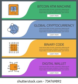 Cryptocurrency web banner templates set. Binary code, digital wallet, bitcoin ATM machine, global network. Mining business. Website color menu items. Vector headers design concepts