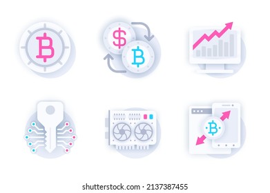 Cryptocurrency web concept of 3d paper icons set. Pack flat pictograms of bitcoin, currency exchange, profit growth, cryptography, blockchain, crypto farm. Vector elements for mobile app and website
