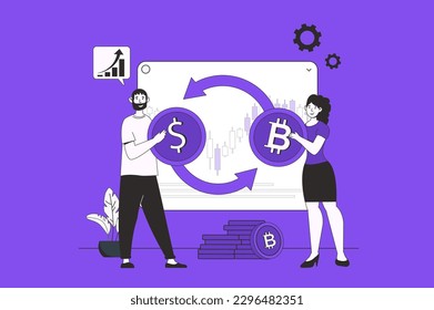 Cryptocurrency web concept with character scene in flat design. People making online transactions and investing money in crypto exchange. Vector illustration for social media marketing material.
