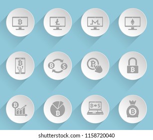 cryptocurrency web icons on light paper circles