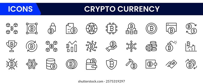 cryptocurrency web icons in outline style. thin line icons such as donation, bitcoin encryption, donate, economist, banking, withdraw, tor, greed, exchange