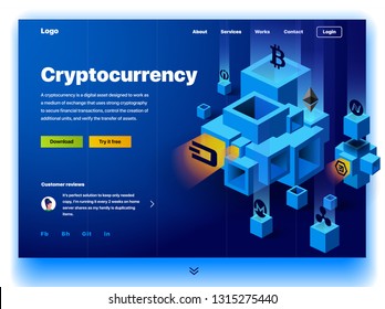 Cryptocurrency website. Cryptocurrency and digital money technology concept vector website. Website template. The concept of a landing page for cryptocurrency trading. Blockchain technology. Bitcoin