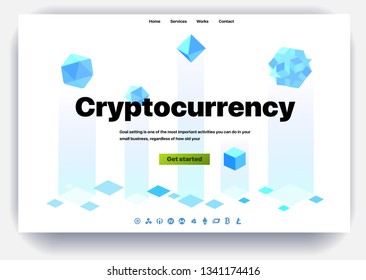 Cryptocurrency website. Cryptocurrency and digital money technology concept vector website. Website template. The concept of a landing page for cryptocurrency trading. Blockchain technology. Bitcoin