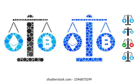 Cryptocurrency weight mosaic of round dots in different sizes and color tones, based on cryptocurrency weight icon. Vector round dots are grouped into blue illustration.