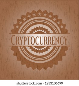 Cryptocurrency wooden emblem. Vintage.