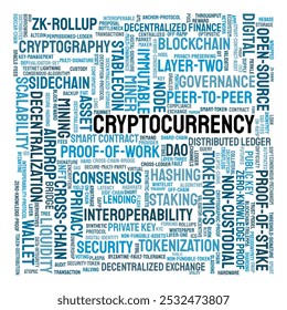 Criptomoeda Word Cloud. Composição das palavras relacionadas com Blockchain, Descentralização e Criptografia. Termos importantes para especialistas em ativos digitais. Fundo Branco Isolado.