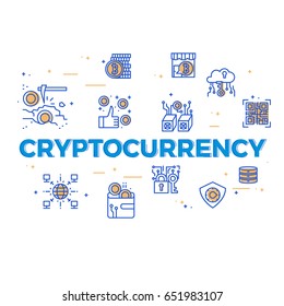 Cryptocurrency word concept illustration with outline icons for presentation, website heading