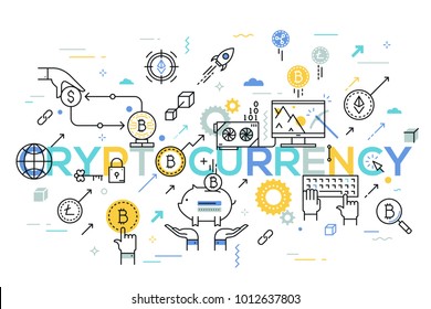 Cryptocurrency word surrounded by cryptocoins or digital currency coins, computer with bitcoin mining farm. Modern infographic banner with elements in thin line style. Vector illustration for website.