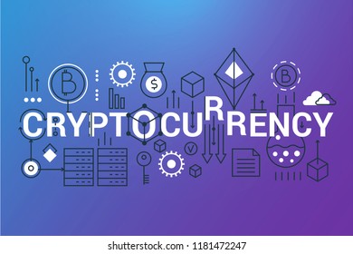 Cryptocurrency word trendy composition banner. Outline stroke crypto currency, digital money, bitcoin and ethereum crypto mining infographic concept. Flat line icons vector header illustration.
