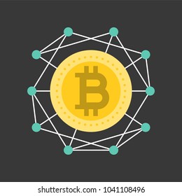 cryptocurrency working concept icon, bitcoin connect with each node, flat design