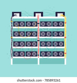 Crypto-currency, workplace, virtual money, computer, server. Flat design vector illustration.