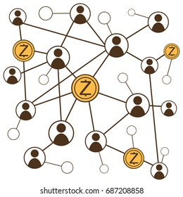 Cryptocurrency z cash network concept. Stock vector illustration of a digital net formed by users and currency icon.
