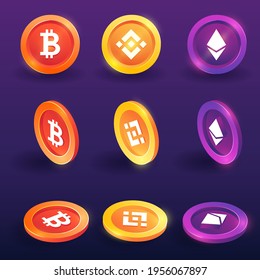 Cryptocurrency,Bitcoin, Binance and Ethereum token 3D,isometric concept vector on back background