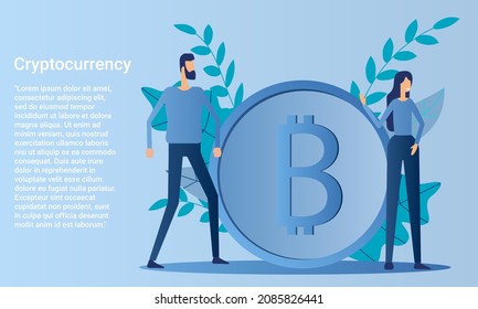 Cryptocurrency.People on the background of the bitcoin coin.Poster in business style.Flat vector illustration.