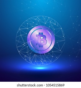 Cryptocurreny concept with shiny purple bitcoin on blue background.
