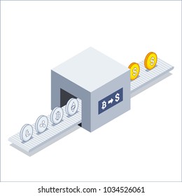 Cryptocurriencies exchange concept with real money. Isometric style.