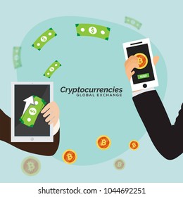 Criptocurriencias, concepto de intercambio global, conversión de monedas digitales a dinero. 