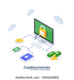 Cryptocurriencies, global exchange concept, digital curriencies conversion to money. 