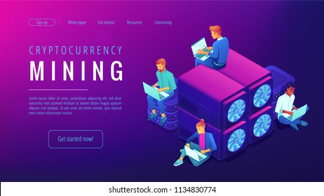 Cryptocyrrency mining landing page. People with laptops working near the mining farm. Blockchain global system and mining group concept on ultraviolet background. Vector 3d illustration.