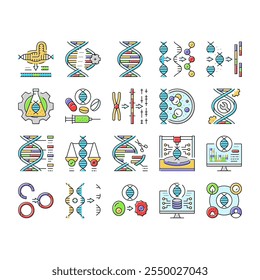 criptogenética dna gene helix ícones conjunto vetor. tecnologia genética, biologia de pesquisa, biotecnologia de rede, célula abstrata, criptografia médica dna gene helix cor ilustrações