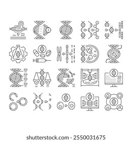 criptogenética dna gene helix ícones conjunto vetor. tecnologia genética, biologia de pesquisa, biotecnologia de rede, célula abstrata, criptografia médica dna gene helix contorno preto ilustrações