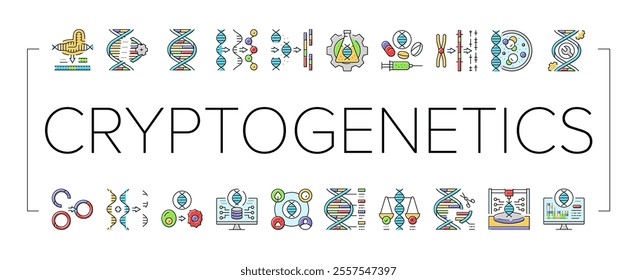 cryptogenetics dna gene helix icons set vector. genetic technology, research biology, network biotechnology, abstract cell, medical cryptogenetics dna gene helix color line illustrations