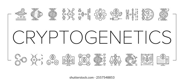 cryptogenetics dna gene helix icons set vector. genetic technology, research biology, network biotechnology, abstract cell, medical cryptogenetics dna gene helix black contour illustrations