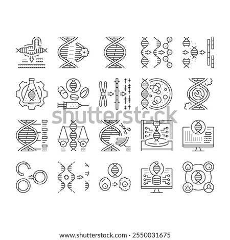 cryptogenetics dna gene helix icons set vector. genetic technology, research biology, network biotechnology, abstract cell, medical cryptogenetics dna gene helix black contour illustrations