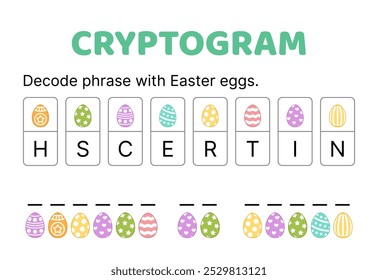 Criptograma. Criptograma de Pascua. Decodificar la frase con huevos de Pascua. Usa código cifrado y completa las palabras. Ilustración vectorial aislada eps 10