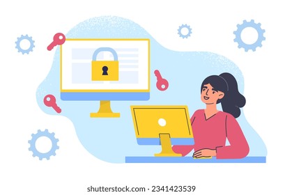 Cryptographer with computer concept. Modern blockchain technology. Character with cryptocurrency. Investing and trading, financial literacy and passive income. Cartoon flat vector illustration