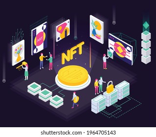 Cryptographic art crypto art nft isometric composition with coin icons servers with lock and art collectors vector illustration