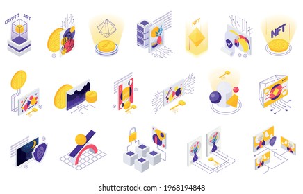 Cryptographic art crypto art nft isometric set of isolated icons with coins holographic figures and wires vector illustration