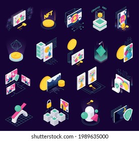 Cryptographic Art Crypto Art Nft Isometric Set Of Isolated Icons With Holographic Signs Computers And Paintings Vector Illustration