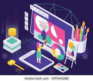 Cryptographic art crypto art nft isometric composition with view of painters workspace with computer and key vector illustration