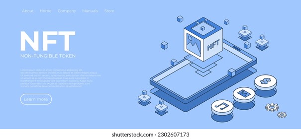 Cryptographic art crypto art nft isometric composition with icons, servers. Non-fungible token concept. Vector illustration concept