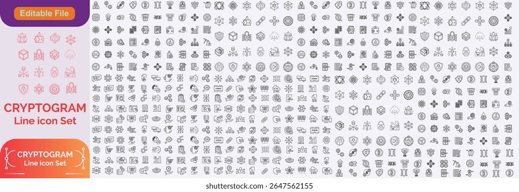 Ícones grandes criptográficos em design de linha, azul. Criptografia, criptografia, segurança, criptografia, código, negócios isolados no vetor de fundo branco. Ícones de traçado editáveis criptográficos.