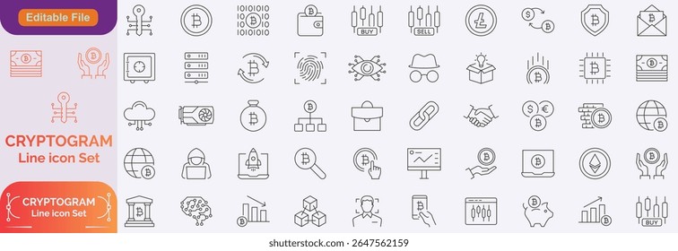 Ícones grandes criptográficos em design de linha, azul. Criptografia, criptografia, segurança, criptografia, código, negócios isolados no vetor de fundo branco. Ícones de traçado editáveis criptográficos.