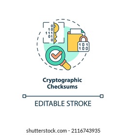 Cryptographic Checksums Concept Icon. Personal Information Integrity Abstract Idea Thin Line Illustration. Isolated Outline Drawing. Editable Stroke. Roboto-Medium, Myriad Pro-Bold Fonts Used