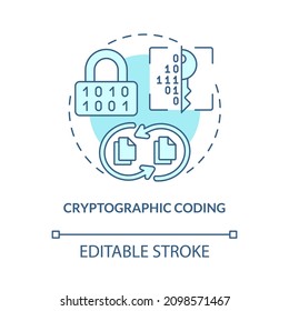 Cryptographic coding turquoise concept icon. Virtual algorithms abstract idea thin line illustration. Isolated outline drawing. Editable stroke. Roboto-Medium, Myriad Pro-Bold fonts used