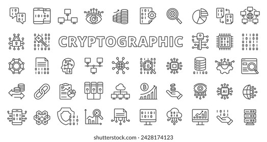 Cryptographic icons in line design, blue. Cryptographic, encryption, security, cryptography, code, business isolated on white background vector. Cryptographic editable stroke icons.